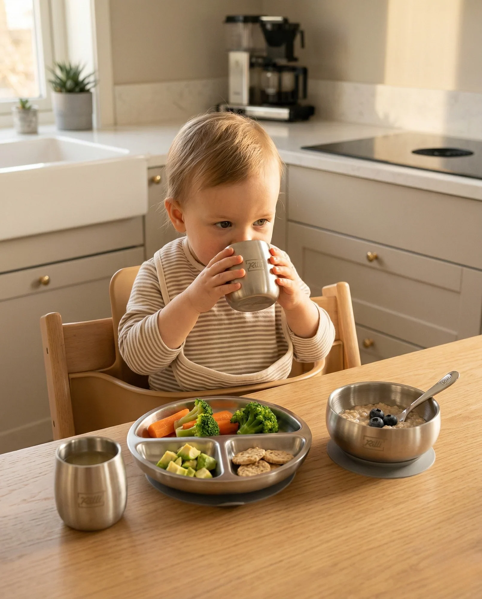 Kind mit Edelstahl Becher aus dem Babygeschirr Sortiment